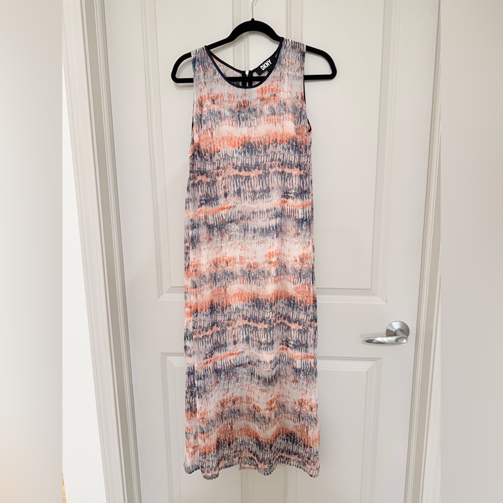 DKNY Sleeveless Maxi Dress in Coral and Navy Abstract Print